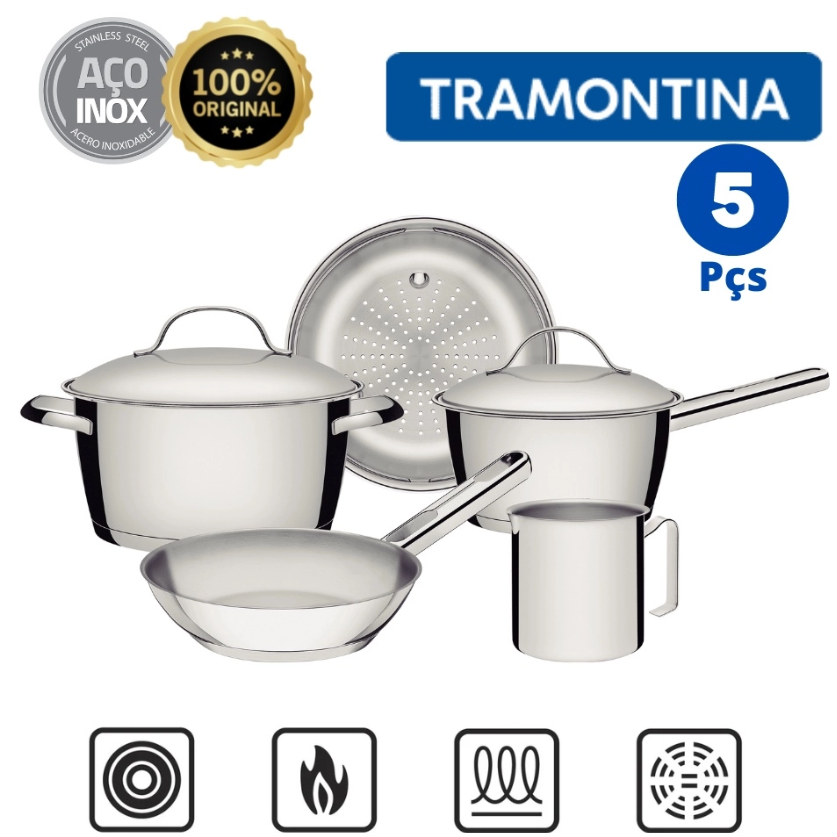 Jogo de Panelas Tramontina Allegra Aço Inox com Fundo Triplo 5 Peças Indução