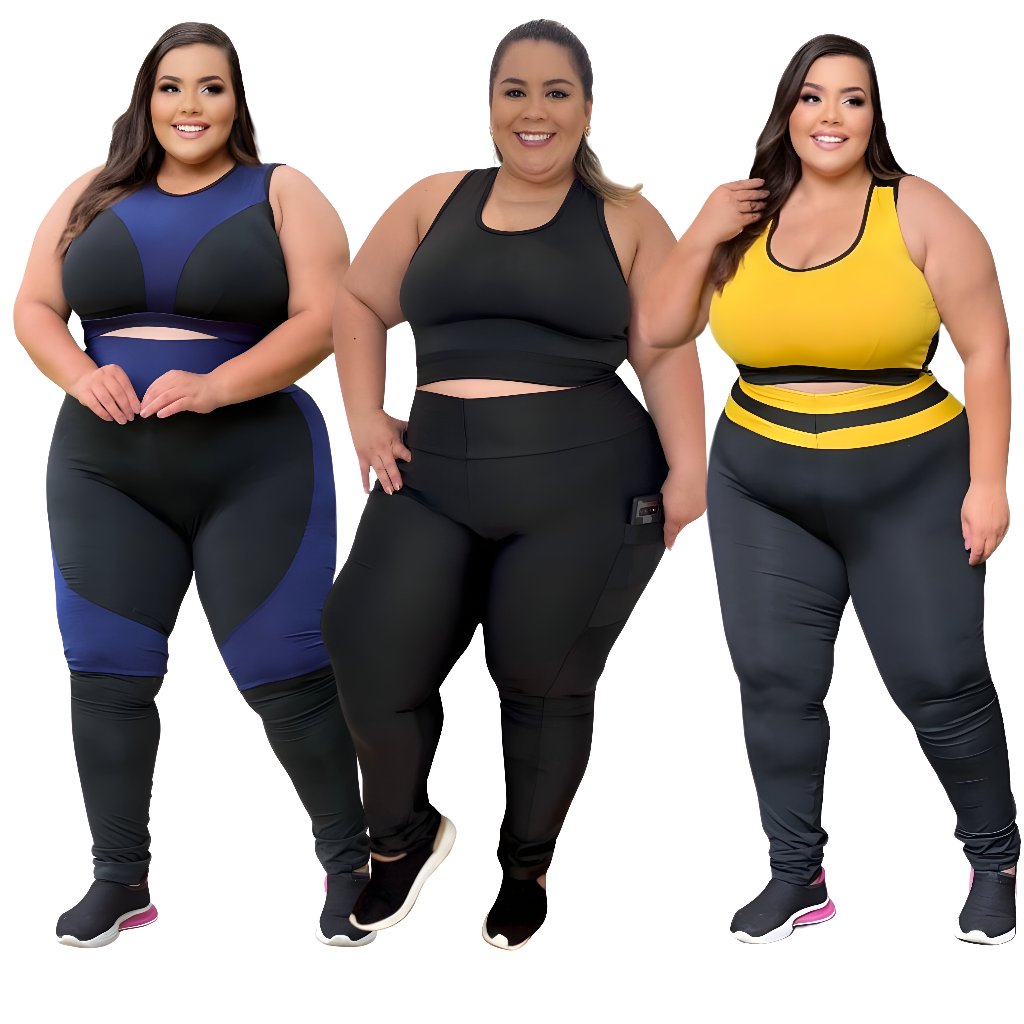 kit 3 Conjuntos Fitness Top e Legging Plus Size 44 ao 54 Roupa academia ...