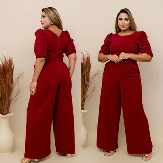 Macacão Pantalona com Manga e Cinto Coberto, Festa, Madrinha, Plus Size, Moda Evangélica