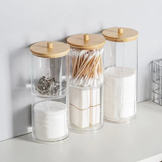 Conjunto Porta Algodão Cotonete De Disco Bambu 17.8x6.6cm Acrílico Organizador Com Até 3 Unidades Multiuso 9.3x9x7cm Suporte Para Cotonete Organizador 8.7x7x4Cm