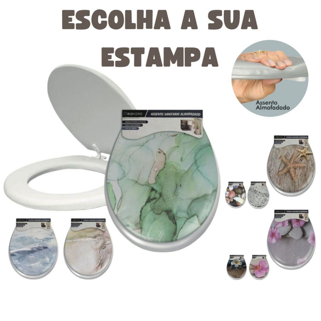 Assento Sanitário Almofadado Universal estampado premium Tampa de Vaso Oval diversas estampas