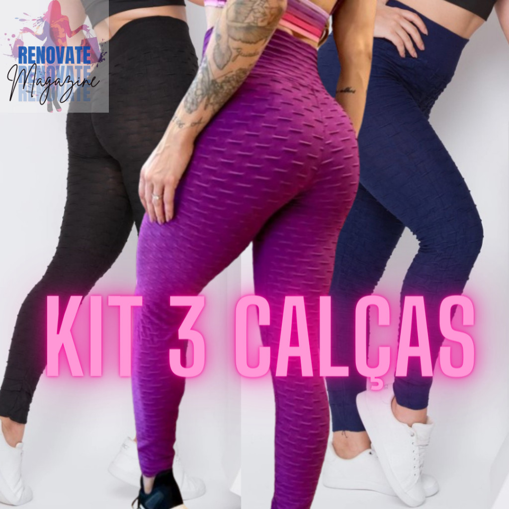 kit 3 calças Legging Bolha Suplex Cós Alto Empina Bumbum