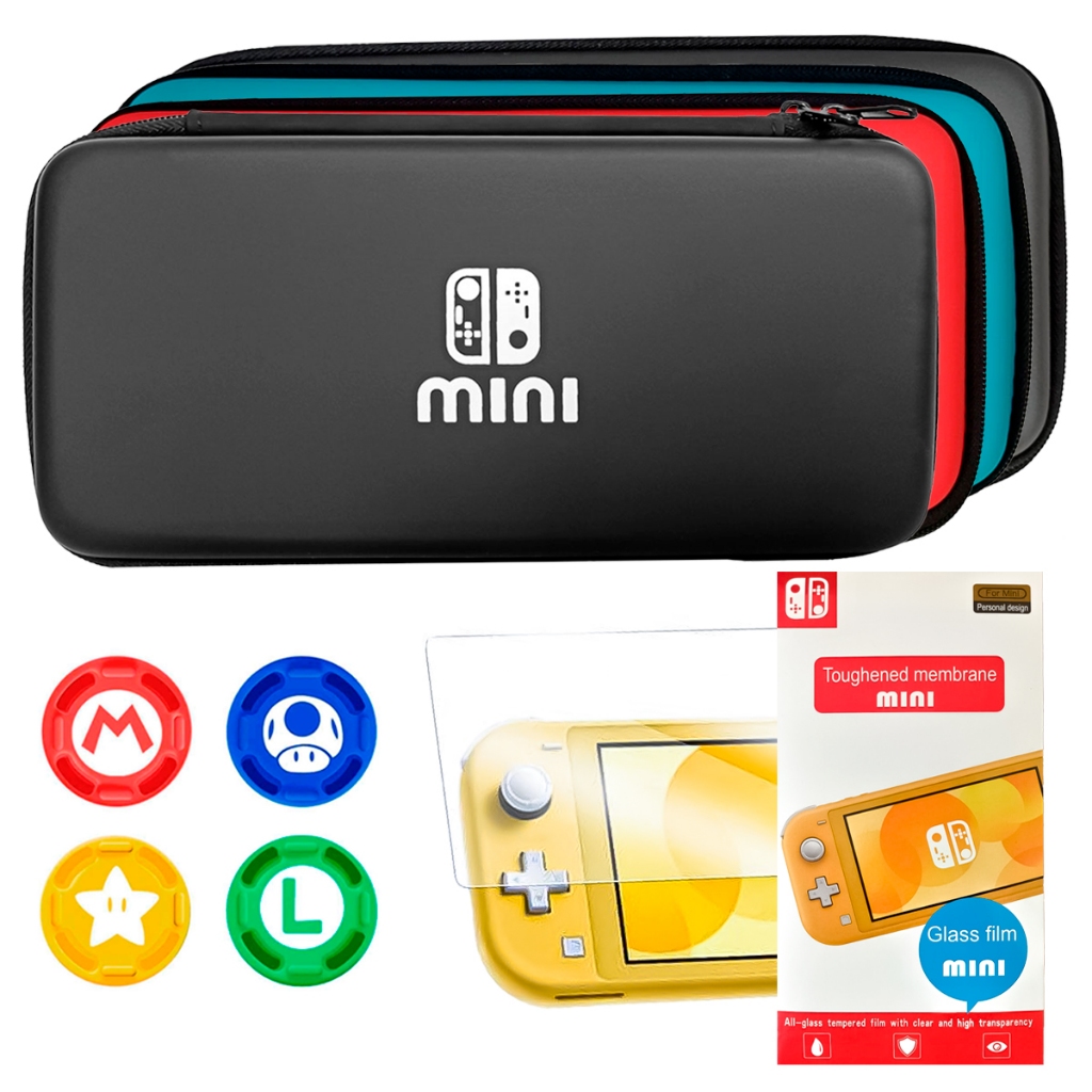 Case Nintendo Switch Lite Com Película E 4 Grips De Analógico Bag Transporte Proteção para Console com Divisórias