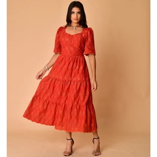 Vestido midi lese bordado algodão manga curto 4138