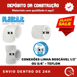 KIT CONEXÕES LINHA ROSCÁVEL 1/2" OU 3/4" PVC Branco + 1 Teflon Plastilit