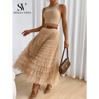 SV Saia Midi de Tule em Formato de Bolo Saia de Cintura Elástica de Renda e Tule Esvoaçante