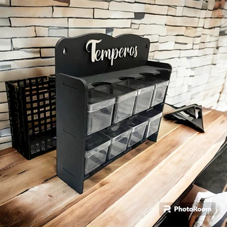 Porta Temperos com 8 Caixinhas de Acrilico 5x5x5cm em MDF Preto Cozinha Moderna + Adesivos