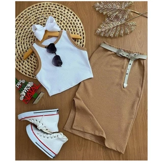Conjunto Infantil e Juvenil de Menina Canelado Cropped e Saia Midi Blogueirinha (CJI003)