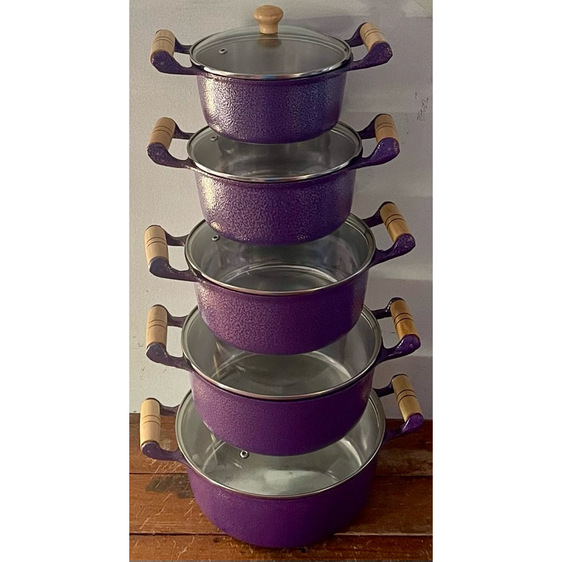 Jogo de Panelas 5 Peças Roxa Violeta Tampas de Vidro Alumínio Batido ...