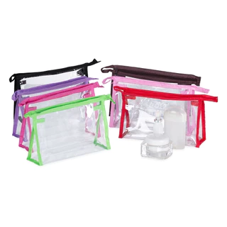 Necessaire Plástica Bolsa Viagem Transparente com detalhe Colorido em Nylon