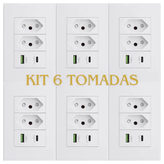 kit 6 Tomadas de Parede Dupla Com Entrada Usb E Tipo C 5V Bivolt 3 pinos finos - 4 em 1 Multi Carregamento