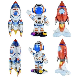 Kit c/ 6 Balão Metalizado Astronauta e Foguete Com Base Festa Espacial