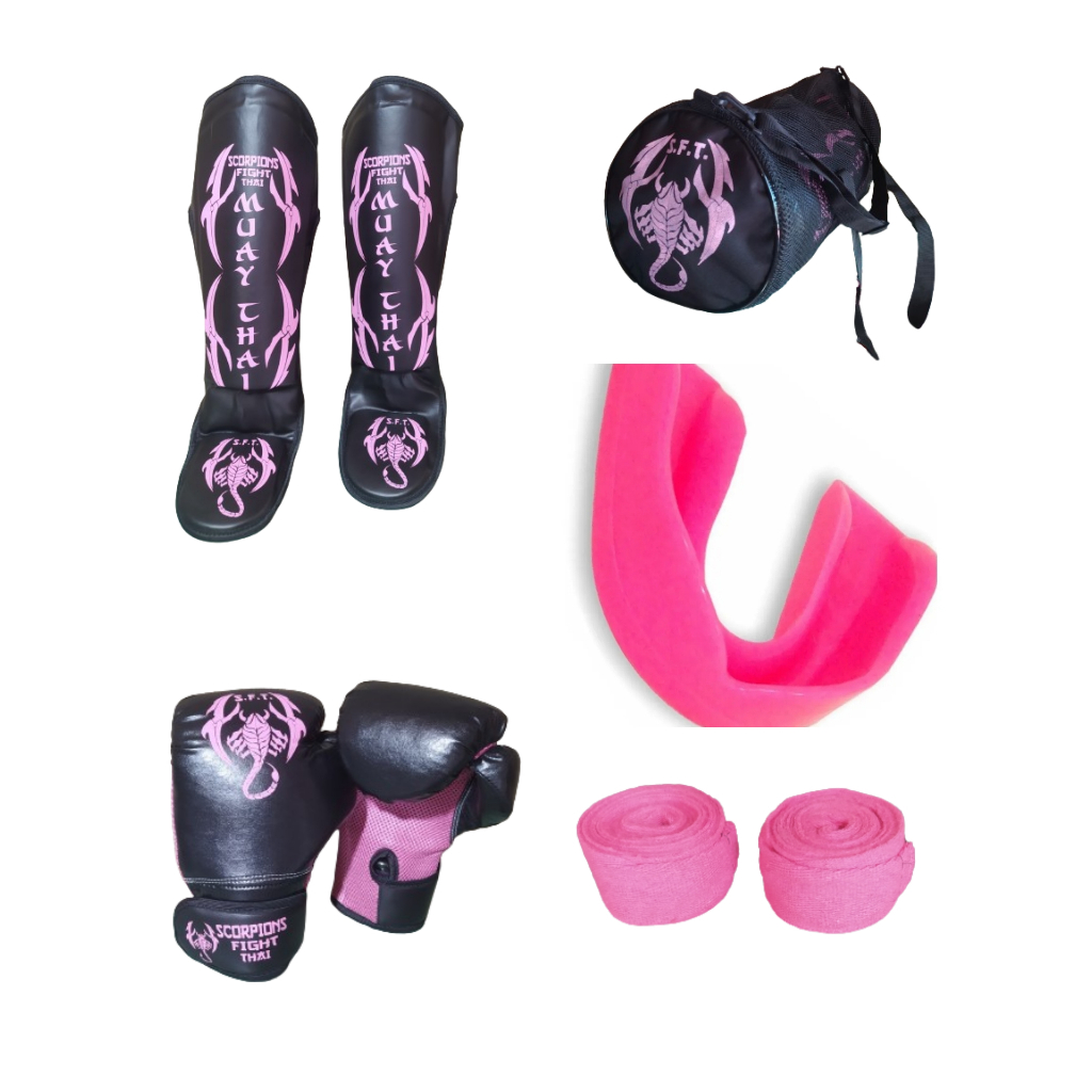 Kit Muay Thai Luva+Caneleira+Band+Bucal+Bolsa