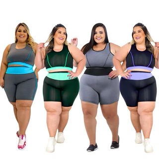kit 4 Conjuntos Fitness Plus Size Top + Short G GG XGG e EXGG Roupa de academia feminino Curves