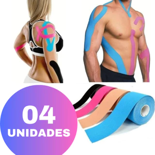 Kit 04 Bandagem Adesiva Elástica Kinésio Tape Funcional Muscular Fisioterapia Cinesiológica