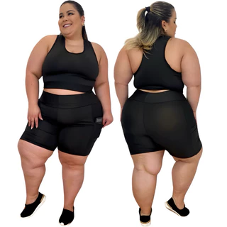 Conjunto Fitness Plus Size Short Ciclista com Bolso + Top 44 ao 54 Academia modelo Curves feminino