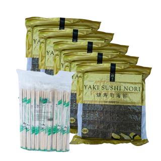 Kit Alga Nori Yaki Sushi Nori Gold Crocante 50 Folhas (5 Pacotes + 100 Pares Hashi Bambu)