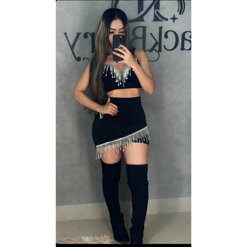 Conjunto cropped e saia com franja babado de strass balada | Shopee Brasil
