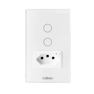 COIBEU Interruptor Inteligente WiFi Com Painel De Vidro De Toque De Soquete Botão De Saída Funciona Tuya Alexa Google 2 Interruptor e 1 Tomada