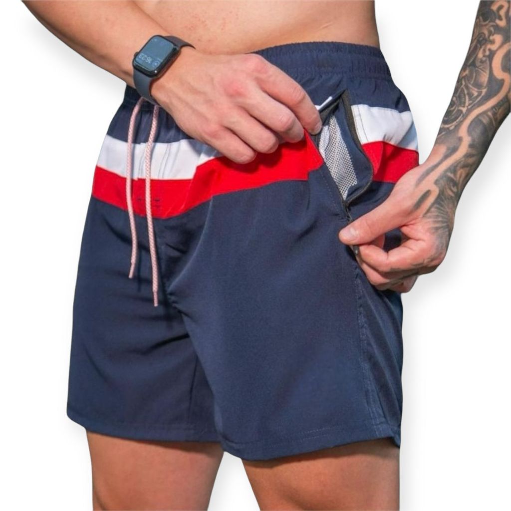 Shorts Masculino IMPORTADO Tactel Elastano 2 Bolsos Ziper Premium Cordão de Ajuste