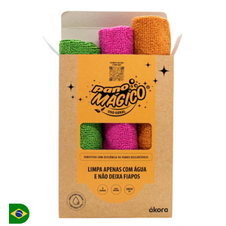 Kit Pano Mágico Akora Flanela Microfibra de Limpeza Uso Geral 3 Unidades Cores Sortidas 30x30cm