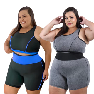 Kit 2 Conjuntos Fitness Top + Short ciclista PLUS SIZE E SLIM G GG XGG EXGG modelo Curves feminino