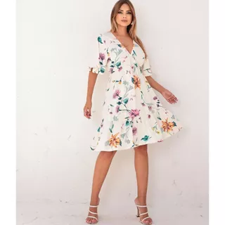 Vestido Feminino Curto Manga Curta Foral Florido Decote V Elástico na Cintura Estampa Malha Viscolycra Lindo Promoção