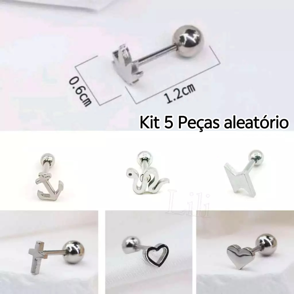 Kit 5 Peças Piercing Sortidos Para Orelhas/ Tragus /Cartilagem