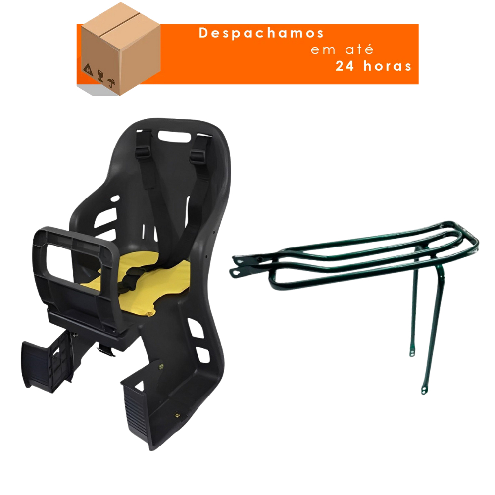 Kit Cadeirinha De Bicicleta Traseira Para Crianças Até 25Kg C/ Cinto De Segurança + Garupa De Bike De Aço Resistente