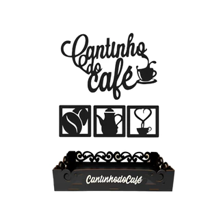 Kit Cantinho do Café com Bandeja Café da Manhã e Quadro Decorativo MDF Premium Preto