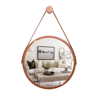 Espelho Redondo Decorativo Suspenso com Alça 60cm + Suporte Cobre com Alça Caramelo