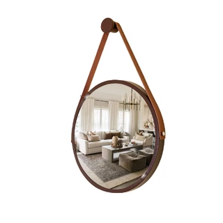 Espelho Redondo Decorativo Suspenso com Alça 40cm + Suporte Marrom com alça Caramelo