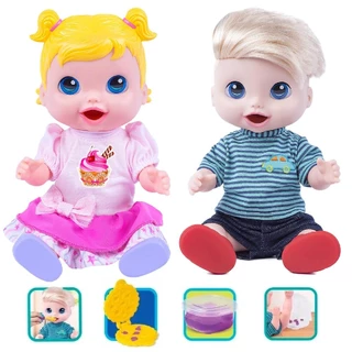 kit Boneca e Boneco Baby Comidinha Alive  Come e Faz Caquinha Com Acessórios e massinha brinquedos