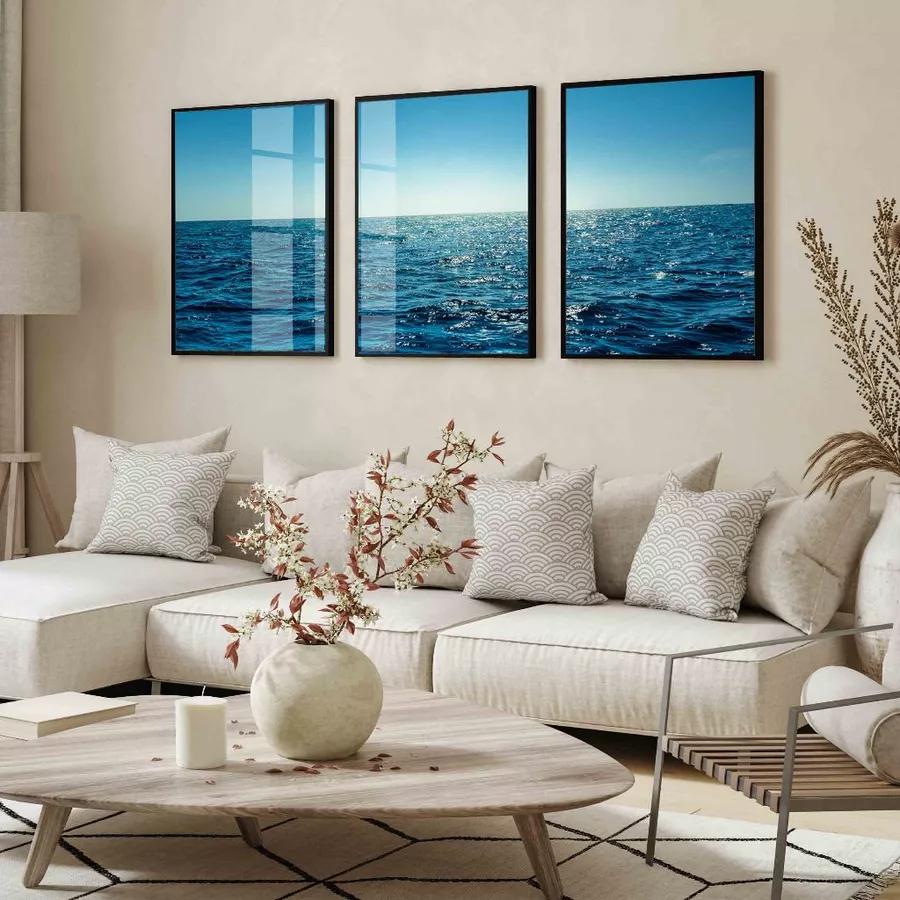 Quadro Decorativo Mar Praia Céu Azul Pôr do Sol com Vidro e Moldura