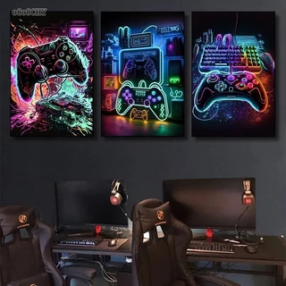 Kit Quadros Decorativos Mosaico 3 Peças Trio Gamer Jogo Online Controle Console Vídeo Game Colorido Preto Multicolorido Abstrato Minimalista Decoração Quarto Sala Variações