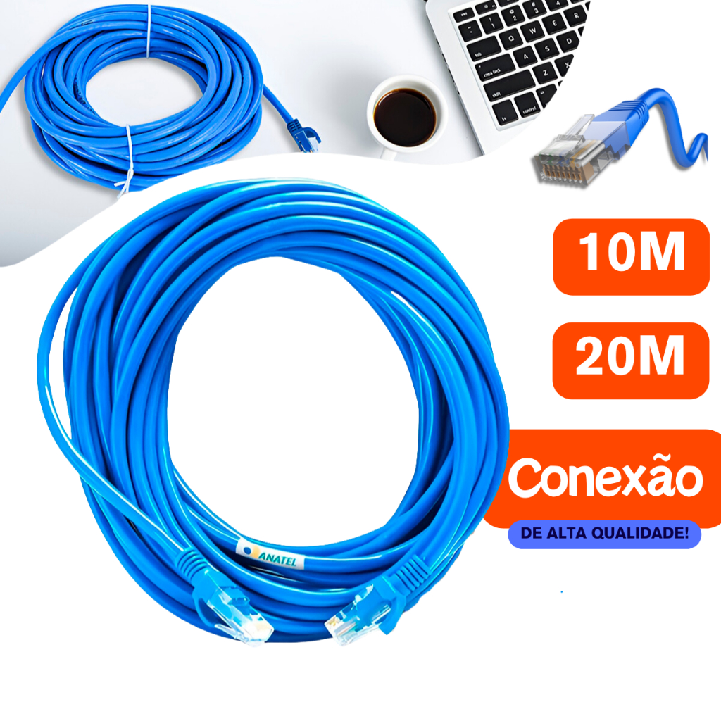 Cabo de Rede LAN Ethernet RJ45 CAT5e Montado e Crimpado 8P8C Homologado