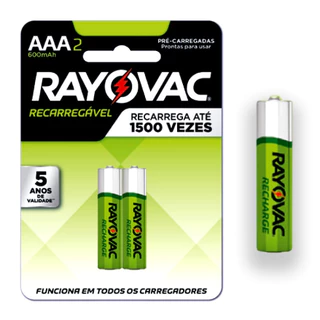 02 Pilhas AAA 600mAh Recarregável RAYOVAC 3A Palito - 1 Cartela com 2 Unidades