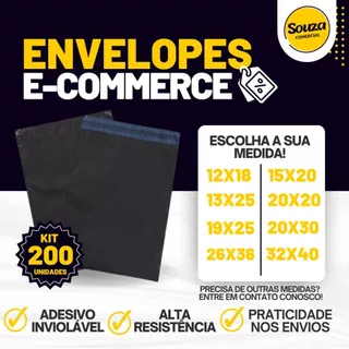KIT 200 Envelope de Segurança Preto/Cinza 12x18 15x20 13x25 20x20 19x25 20x30 26x36 32x40 Saco Plástico Para Correios/E-comercce