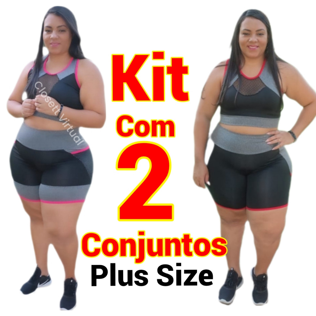 Kit 2 Conjuntos Academia Plus size GG/G1 feminino, Top e Short, Moda Fitness, Suplex Zero Transp.