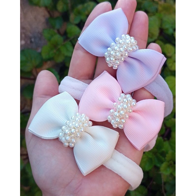 Kit 10 laços de cabelo P para bebê com pérolas na meia de seda ou ...