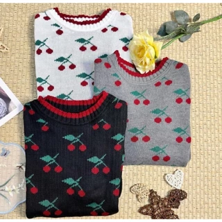 Blusa Feminina Tricot Cherry / cereja Tricô Cereja Manga Longa Decote Redondo Tendência Inverno 2024