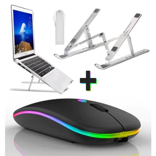 Kit Mouse Sem Fio Mais Suporte Alumínio Para Notebook Tablet