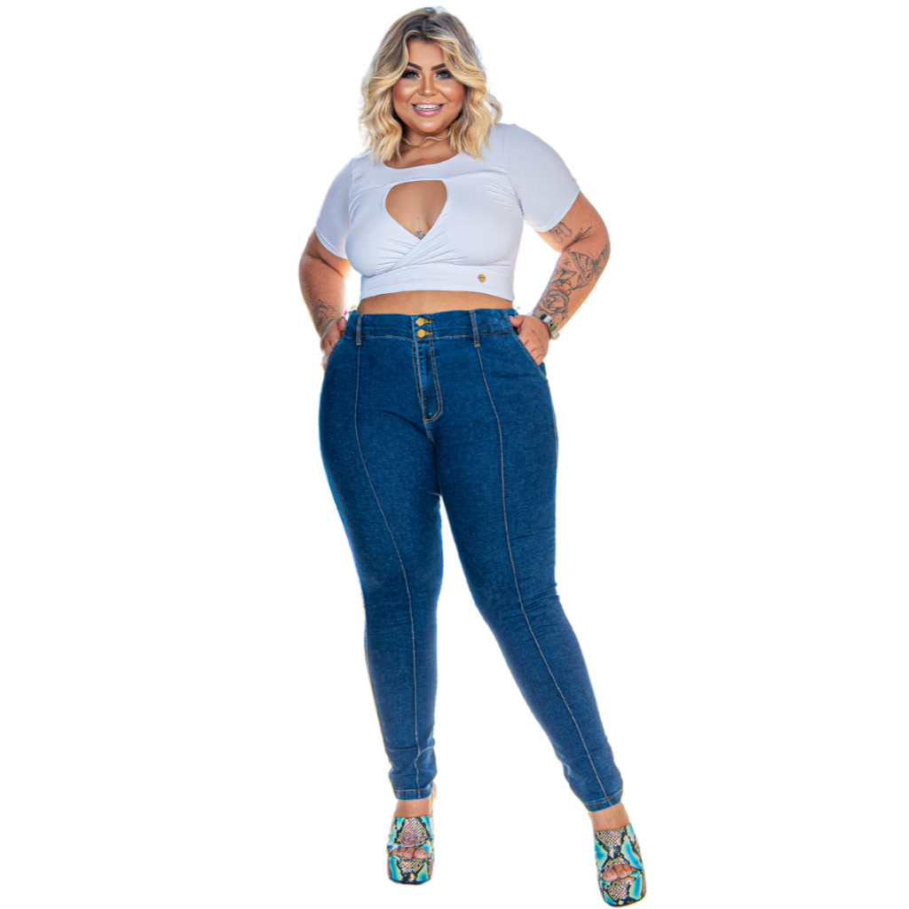 Calça Feminina Jeans Plus Size Fenda Frontal Com Elastano