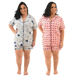 Kit 2 Pijamas Plus Size Feminino Baby Doll Americano Blogueira Aberto Com Botões