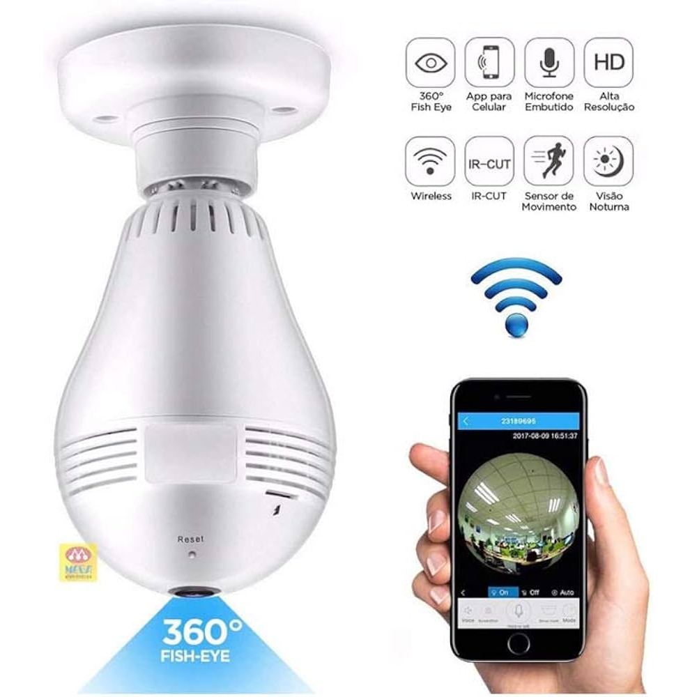 câmera com lâmpada wi-fi iP sem fio HD segurança monitoramento vr cam V380 - bivolt