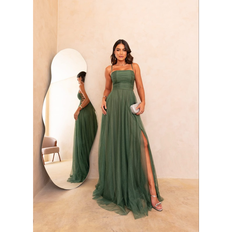 Vestido Verde Oliva Glamour Com Brilho Longo Festa/Madrinha