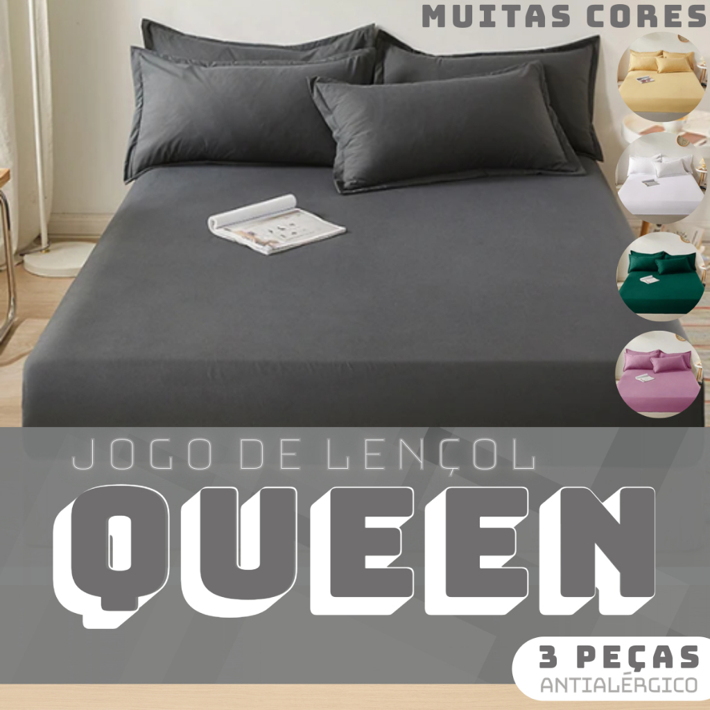 kit Jogo Lençol de Cama Queen 3 Peças Liso 1,98m x 1,58m x 30cm - Várias Cores