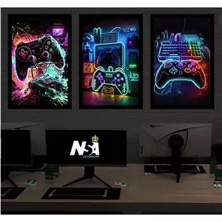 Kit Quadros Decorativos Mosaico 3 Peças Trio Frase Hora do Jogo Video Game Controles Console Gamer Abstrato