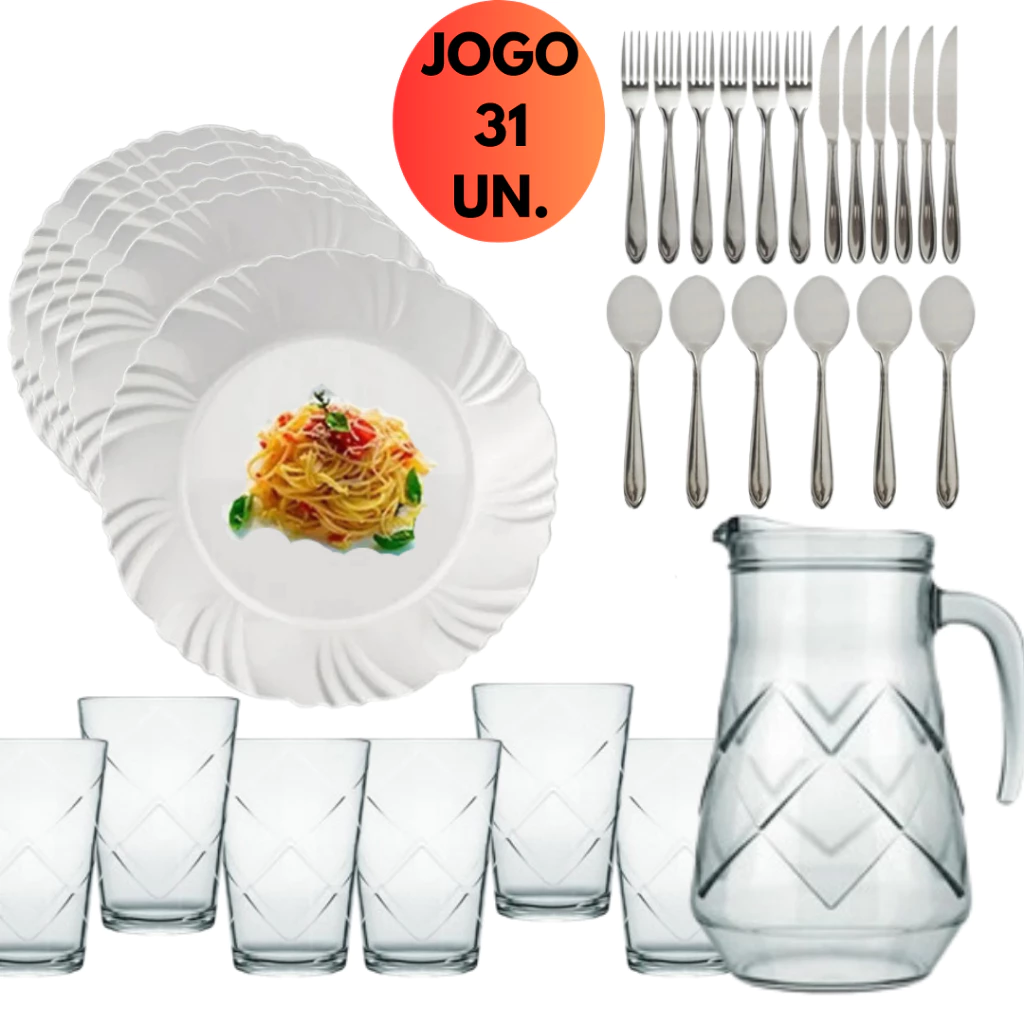 Conjunto 31 Peças Jantar Vidro 06 Prato Raso Petala+ 06 Copo C/ Jarra Maracatu 1,56L + 18 Talheres