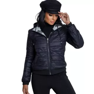 Jaqueta Preto Lisa Feminina Premium com Touca Pelúciada Dupla Face Moda Fashion 2024